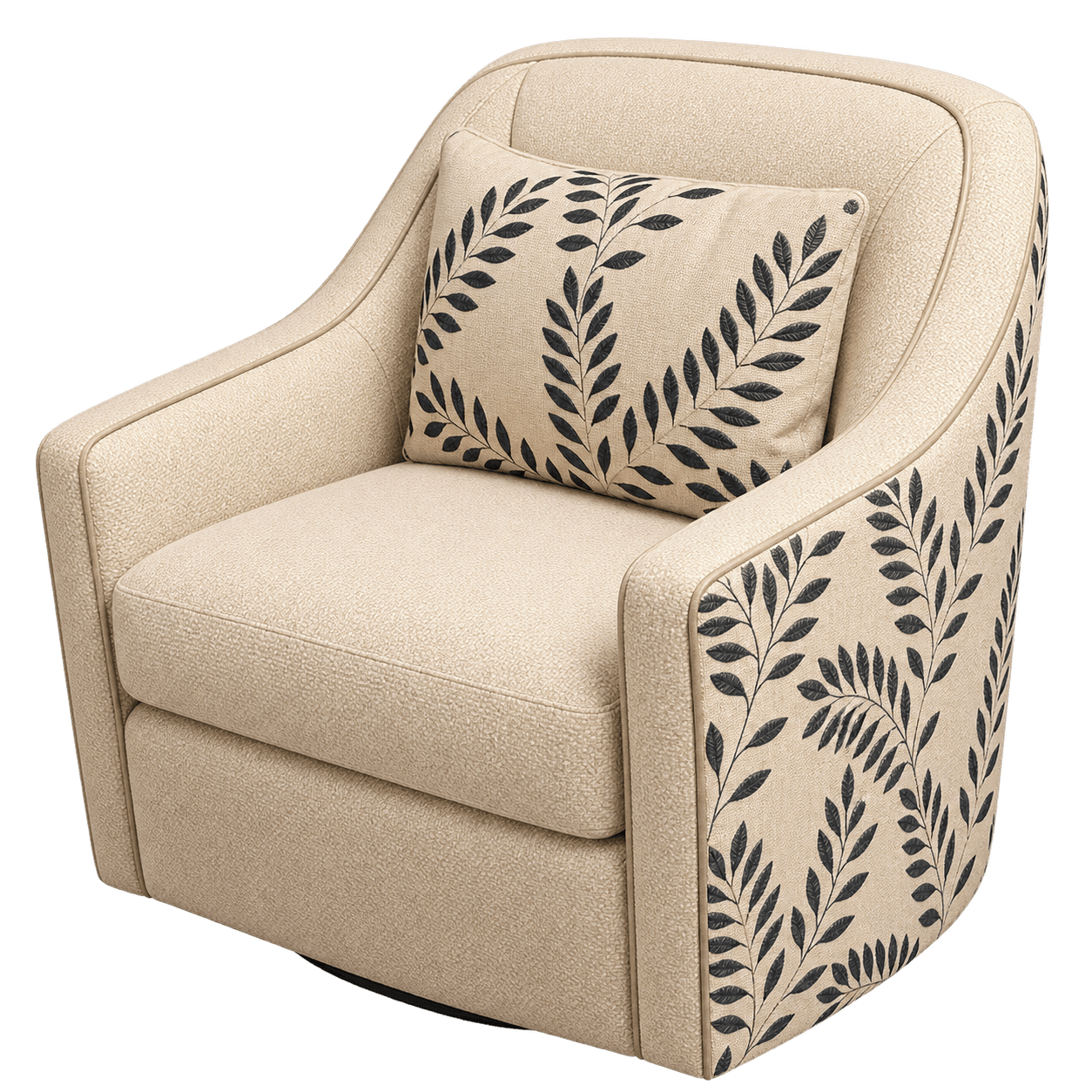 The Laurel Chair giveaway prize, with cream upholstery and navy botanical embroidery on the outside arms